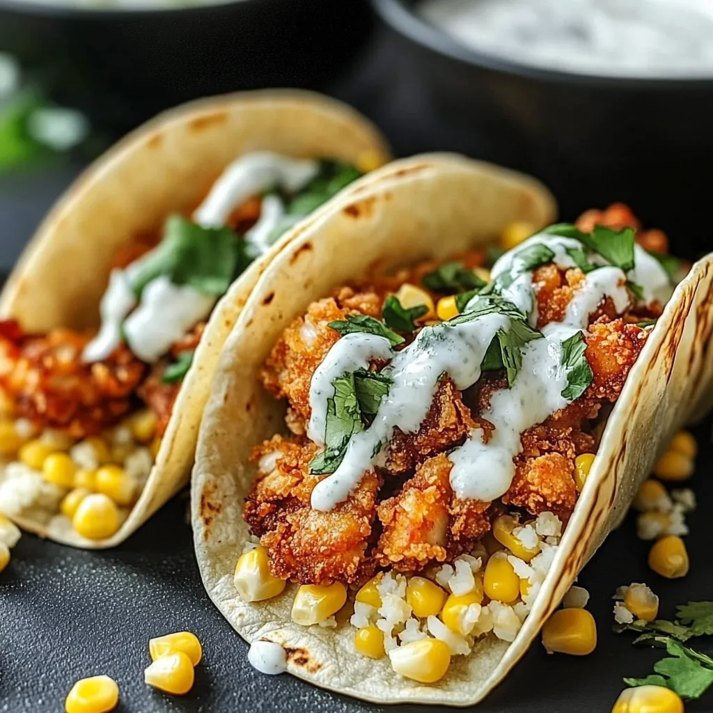 Two tacos with chicken and corn.