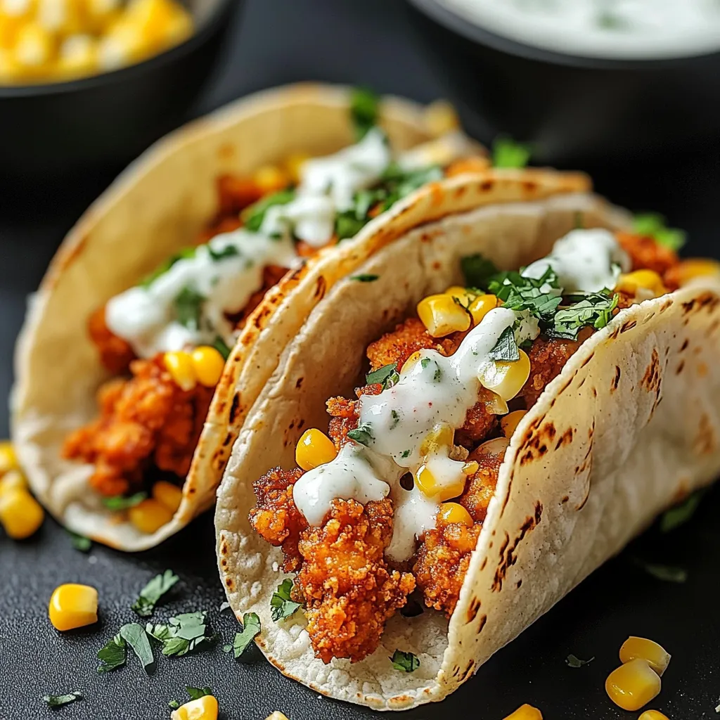 Two tacos with white sauce and corn.