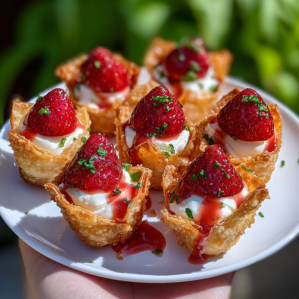 A plate of deep-fried strawberry cheesecake stuffed wonton bites.