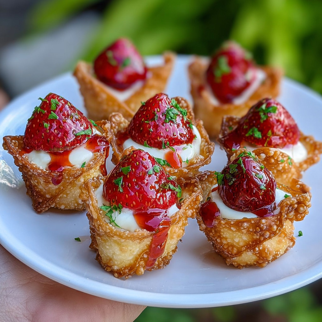 A plate of deep-fried strawberry cheesecake stuffed wonton bites.