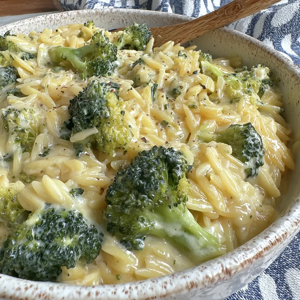 A bowl of broccoli cheddar orzo.