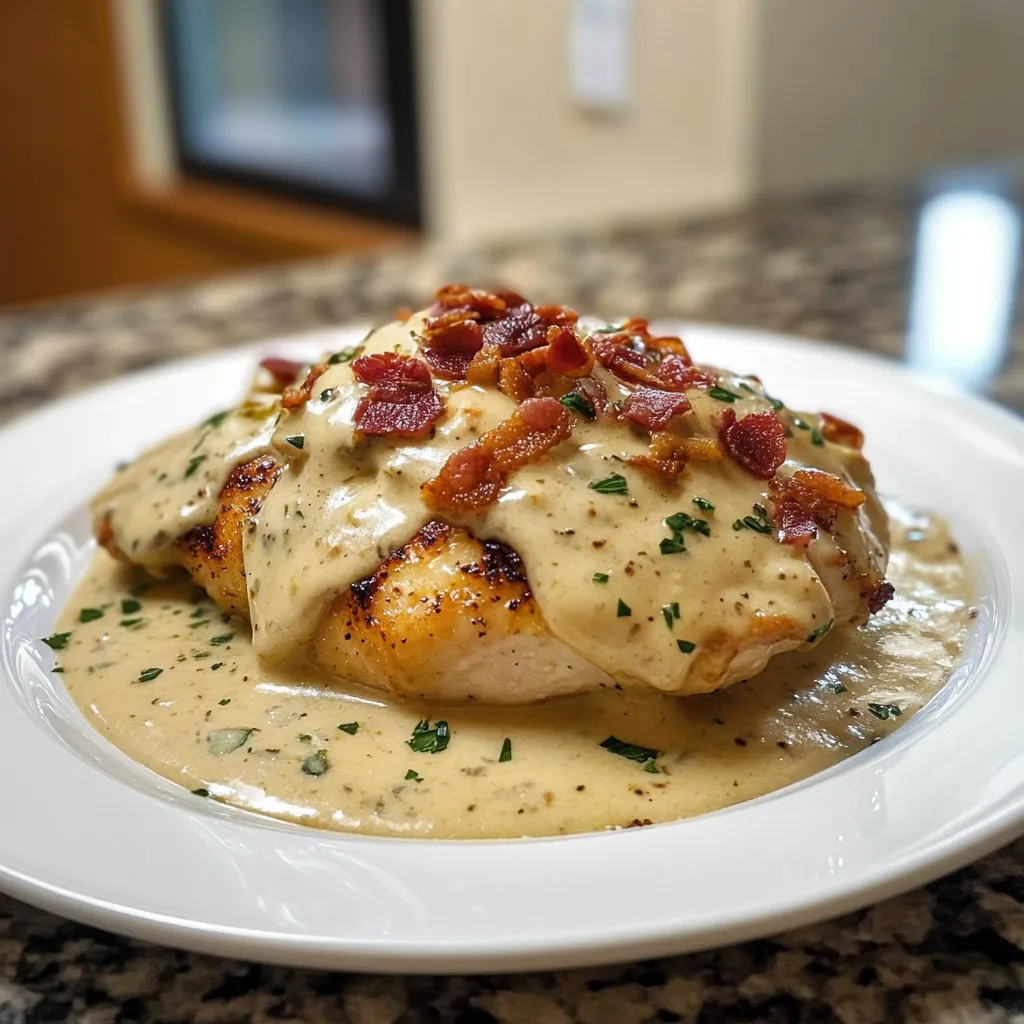 A plate of food with bacon and cream sauce.