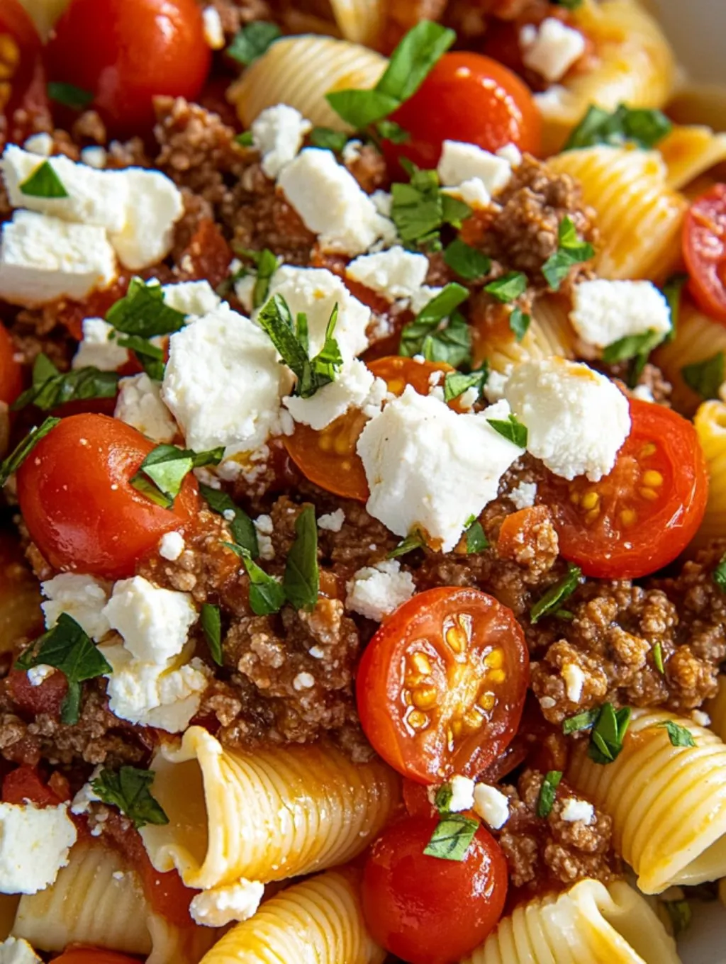A dish of pasta with tomatoes and cheese.