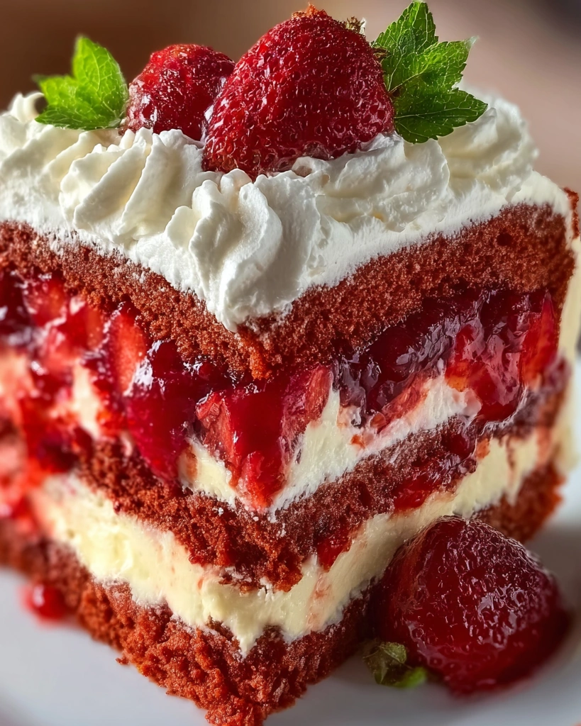 A slice of strawberry shortcake with white frosting.