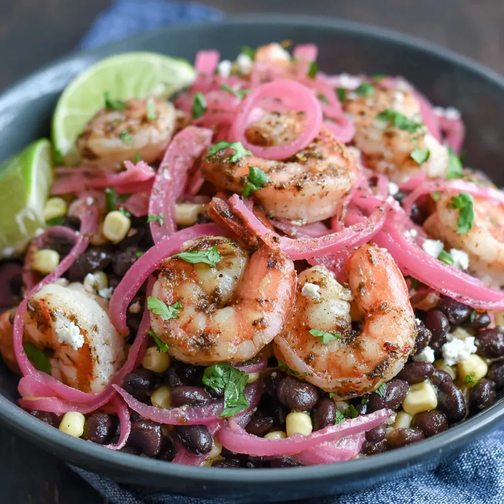 A bowl of black bean shrimp salad.