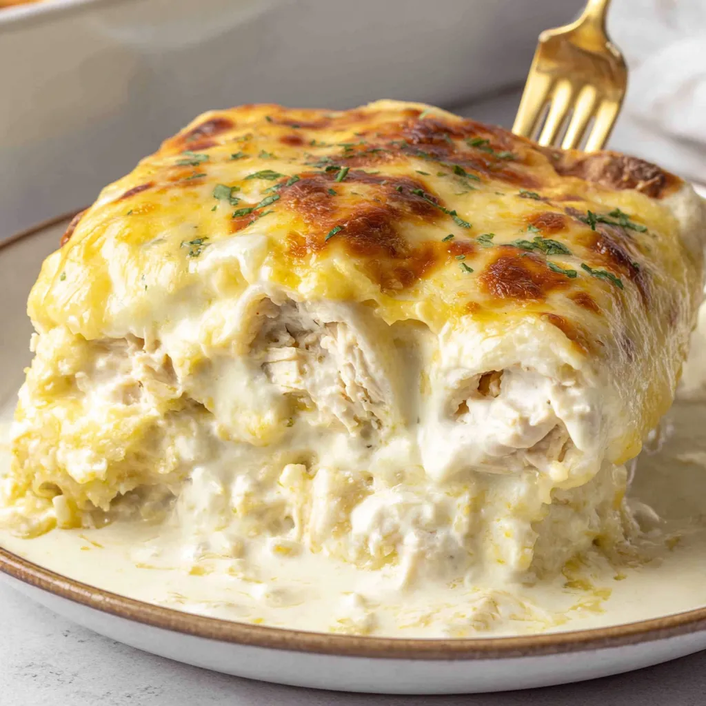 A white chicken enchilada on a plate.