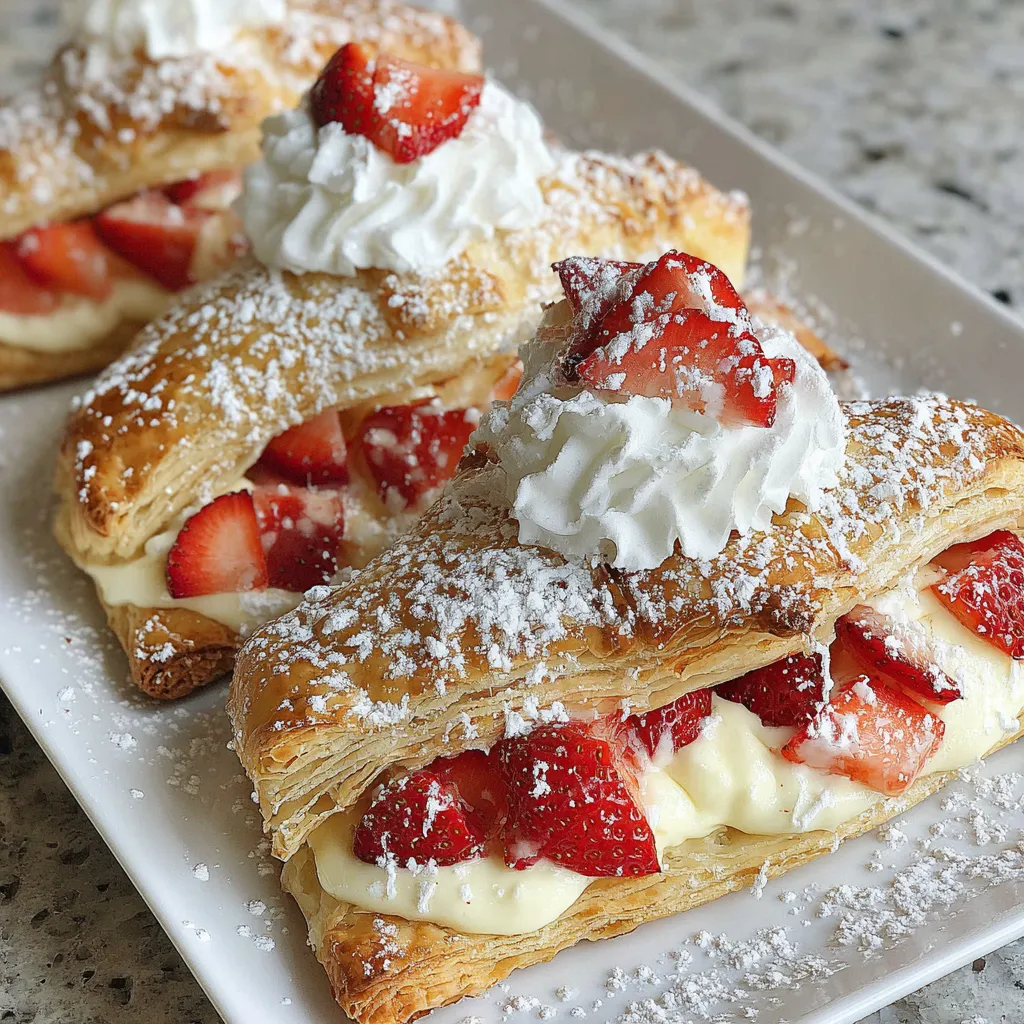 Three strawberry cheesecake turnovers with whipped cream on a white plate.