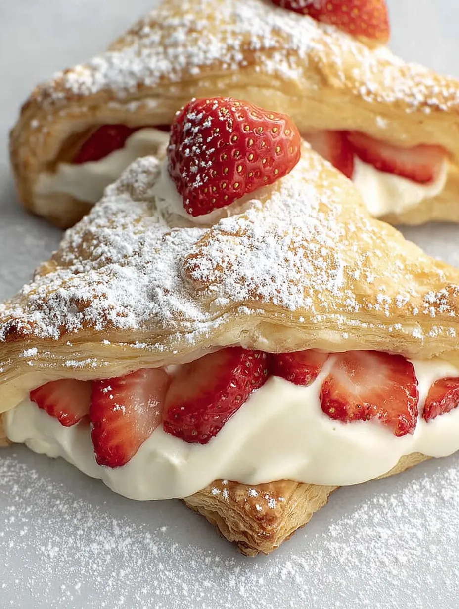 Two strawberry cheesecake turnovers with powdered sugar on top.