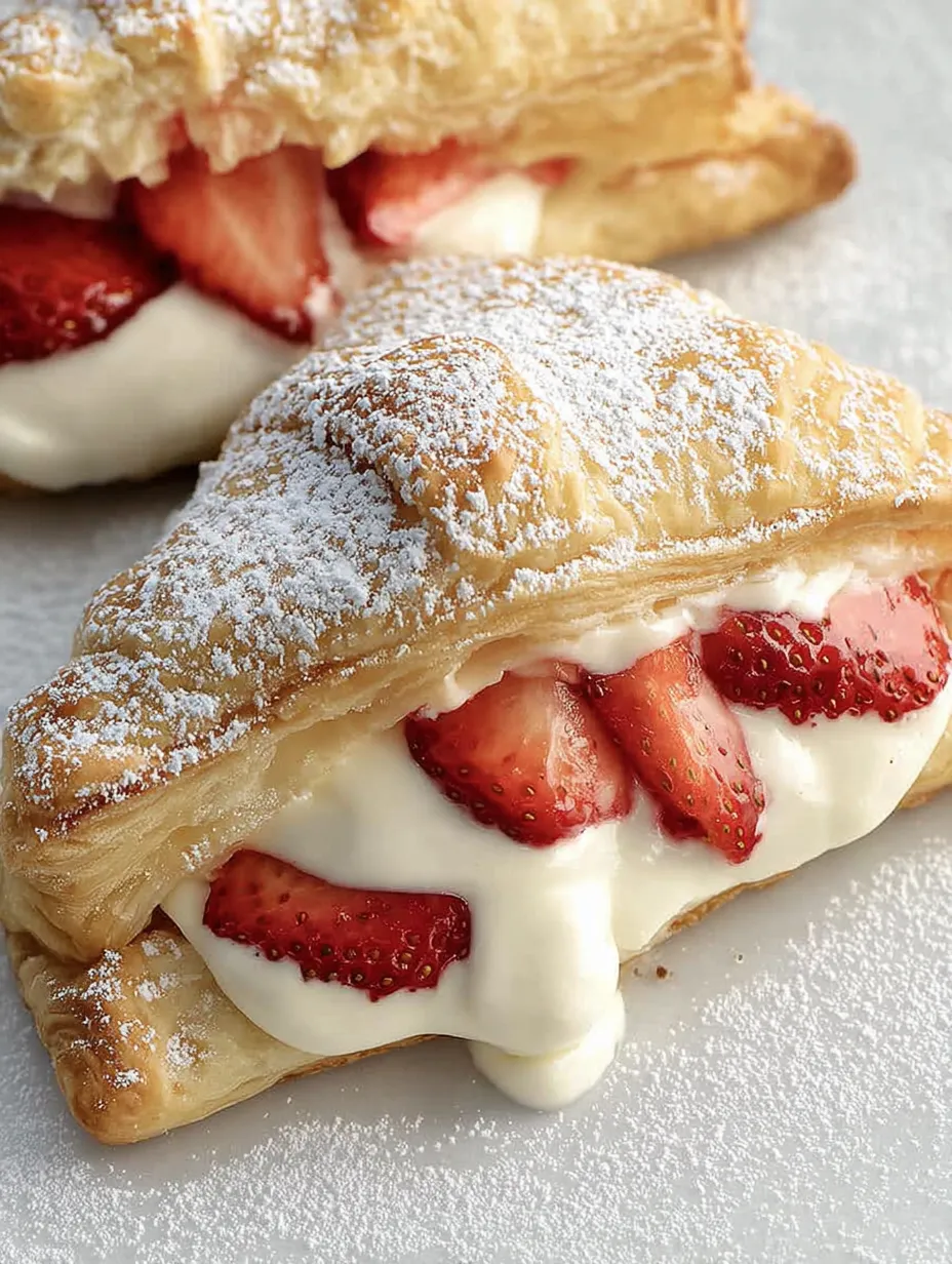 Two strawberry cheesecake turnovers with powdered sugar.
