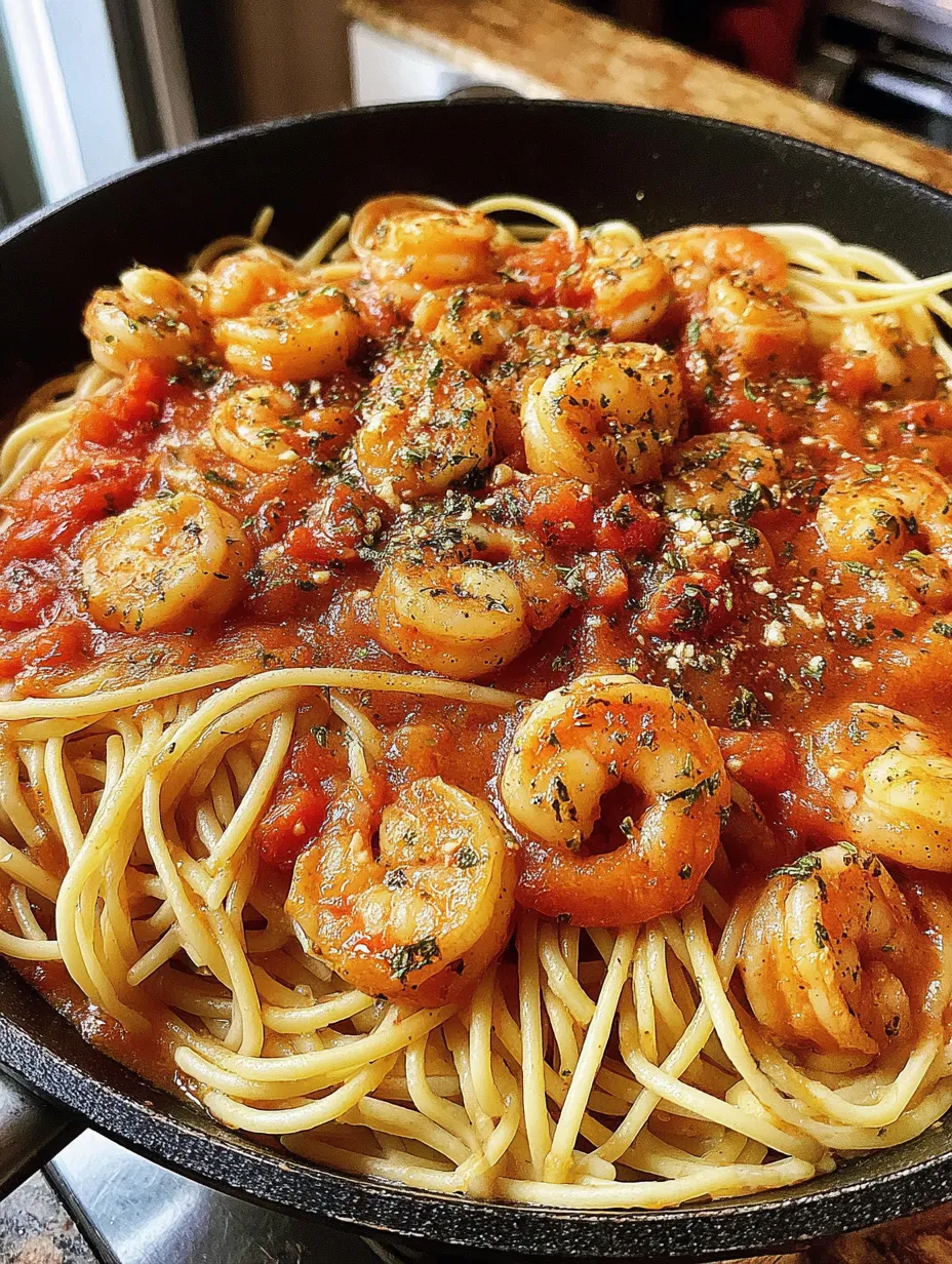 Spaghetti with garlic tomato shrimp.