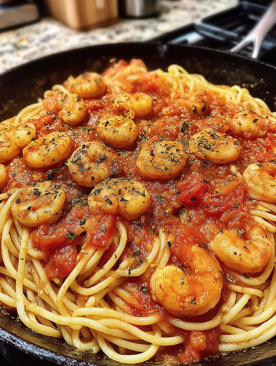 Spaghetti with garlic tomato shrimp.