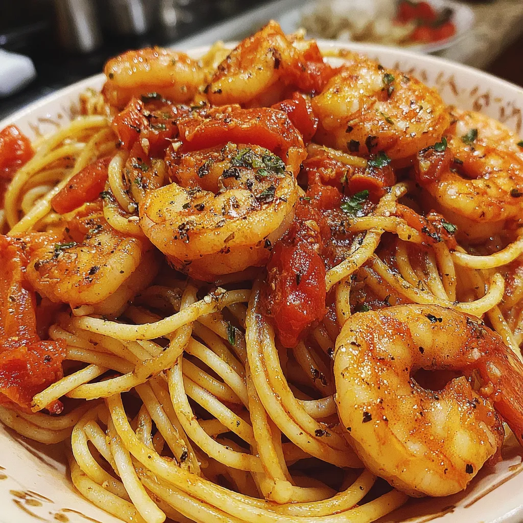 A bowl of spaghetti with garlic tomato shrimp.