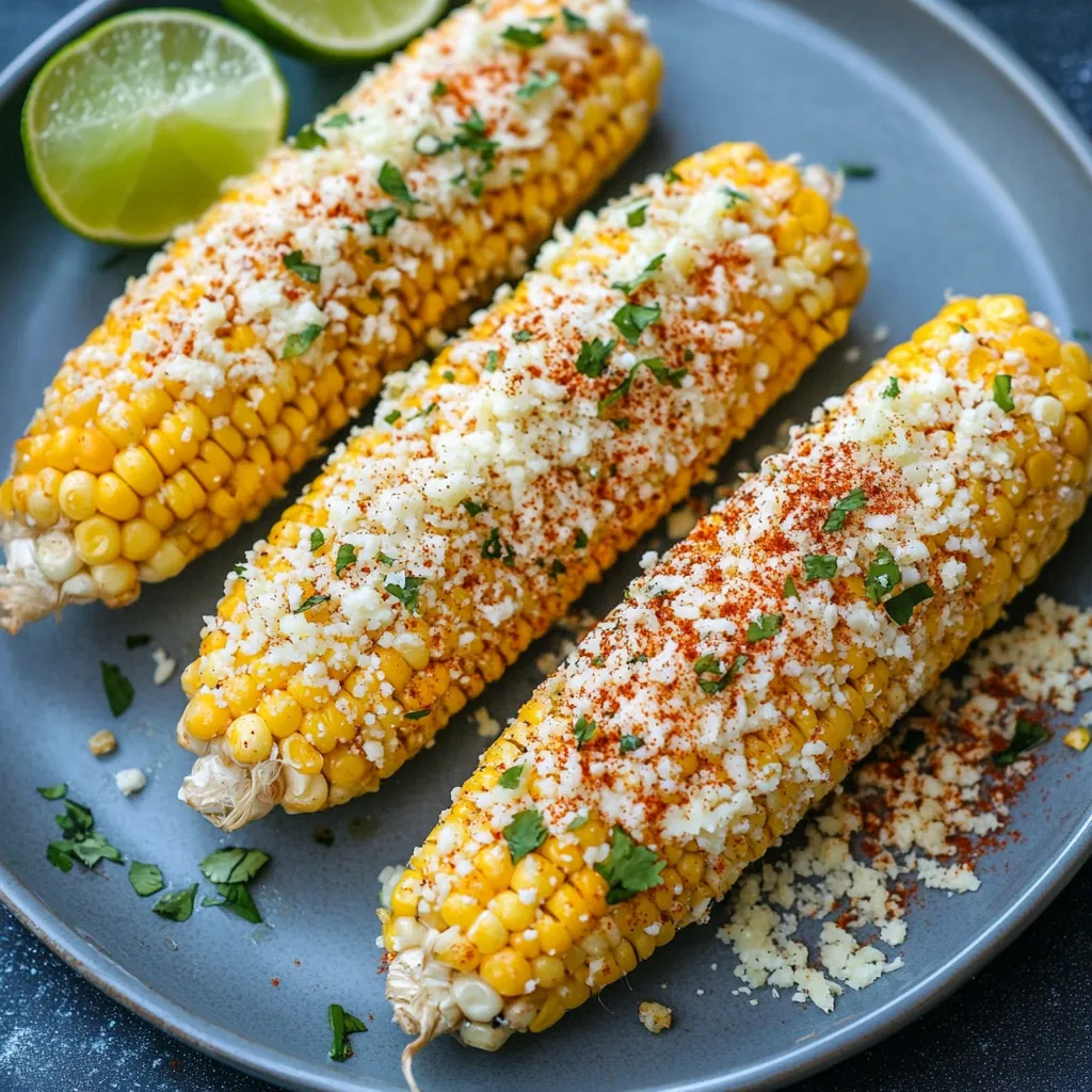 A plate of corn with cheese and lime.