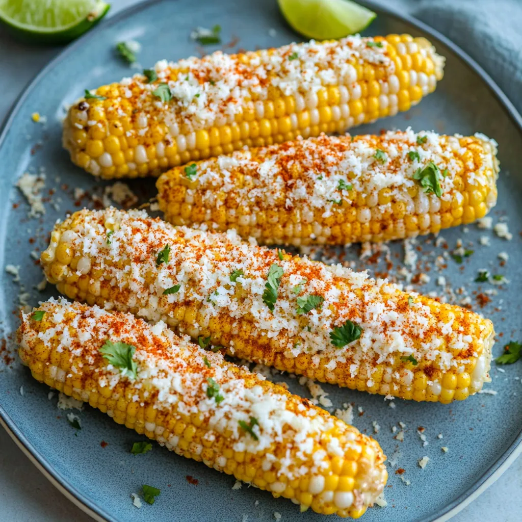 A plate of corn with cheese and lime.