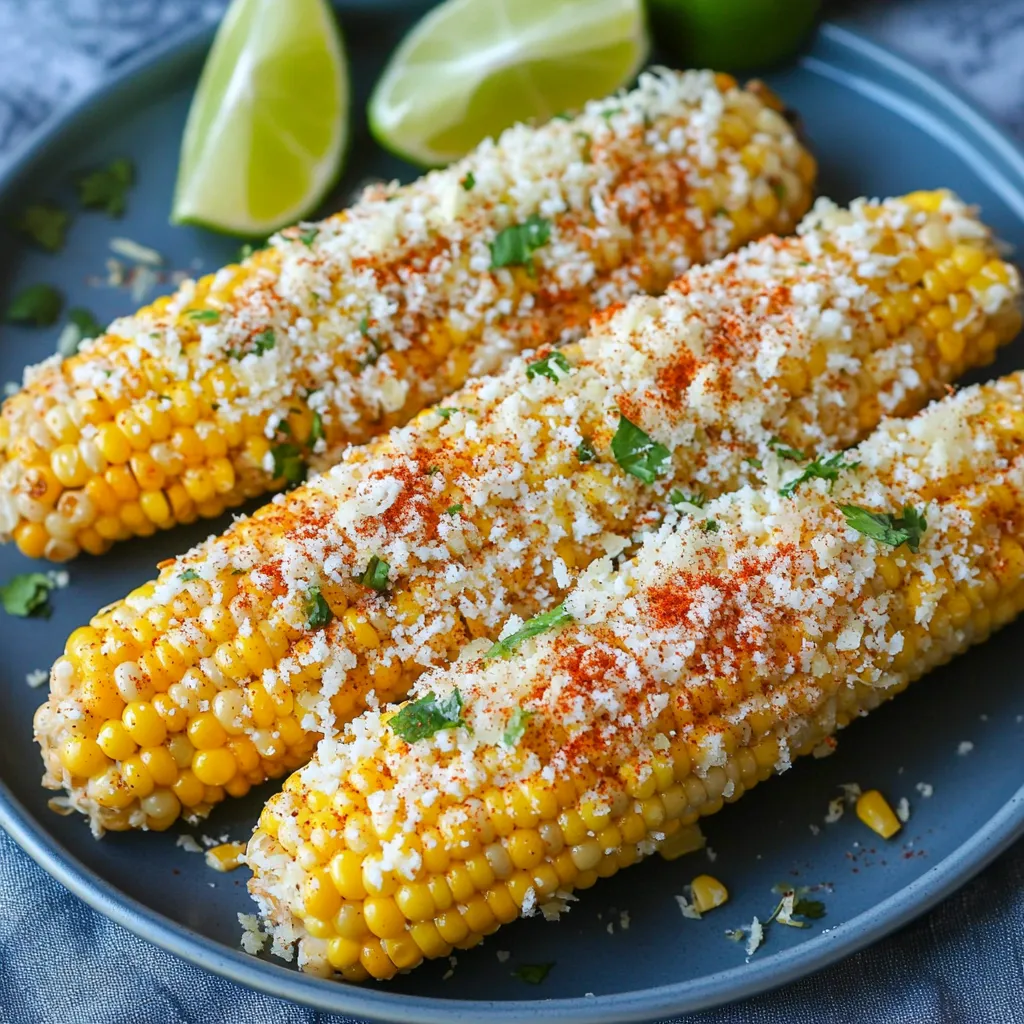 A plate of corn with cheese and lime.