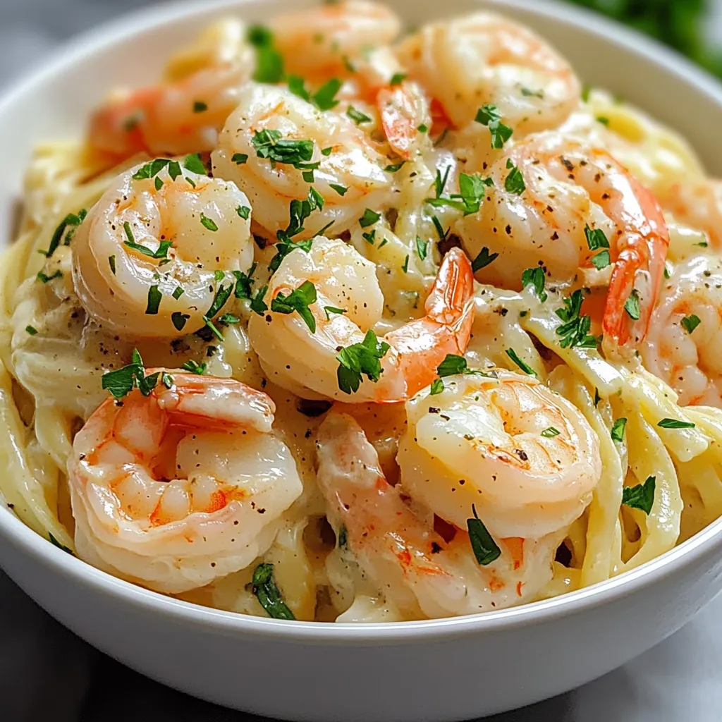 A bowl of shrimp and pasta.
