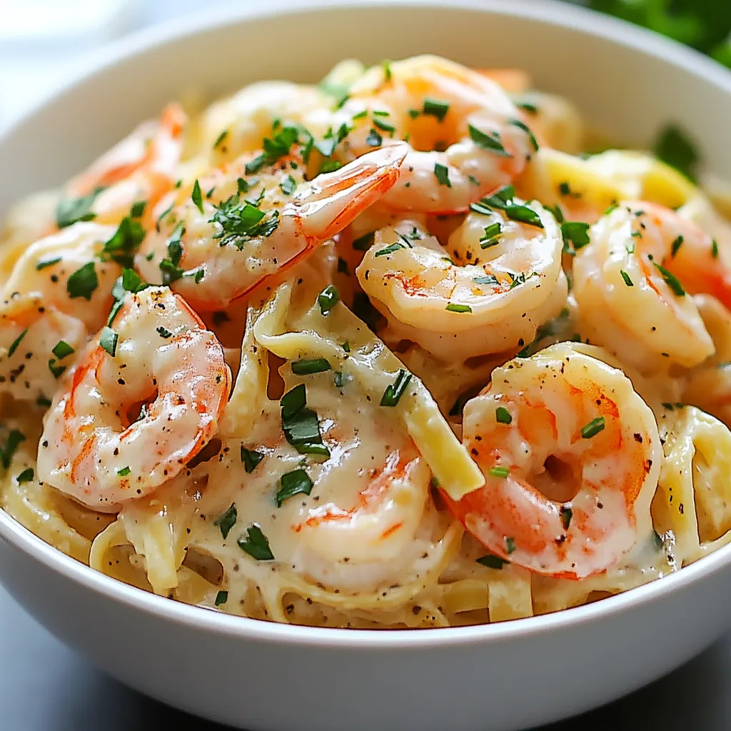 A bowl of shrimp and noodles.