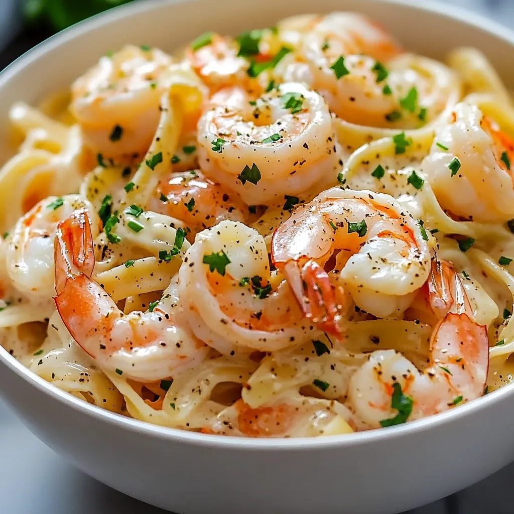 A bowl of shrimp and pasta.