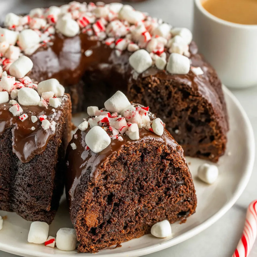A chocolate cake with white frosting and red and white sprinkles.