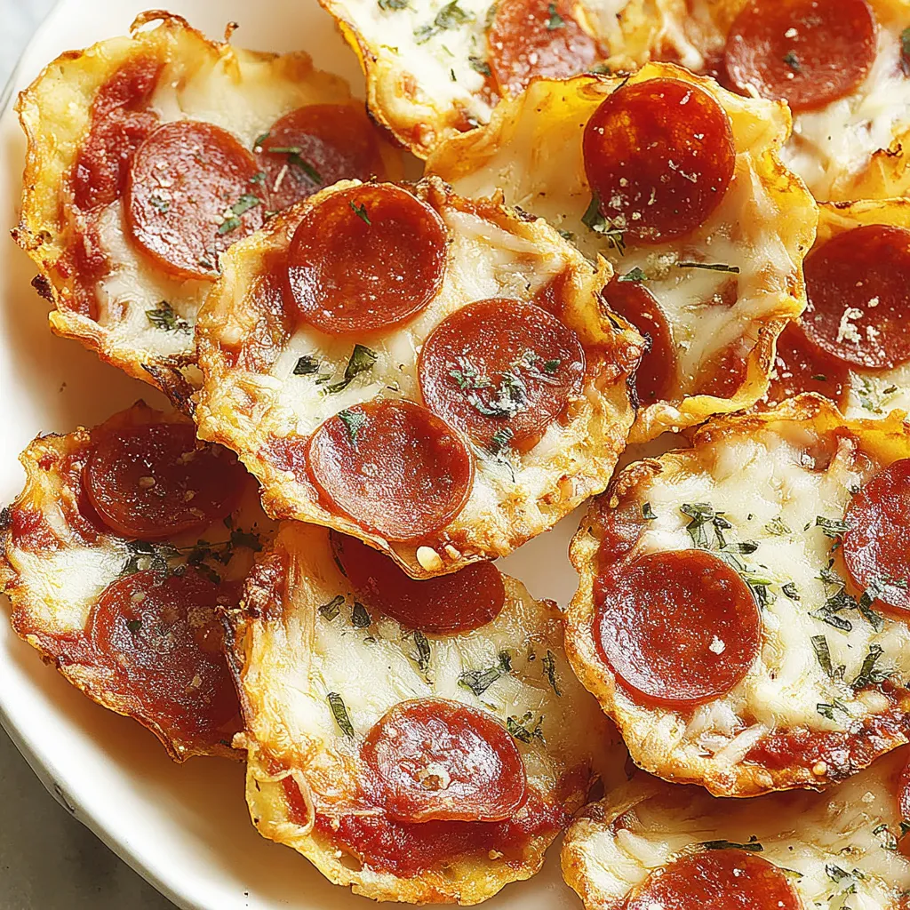 A plate of pizza chips with cheese and pepperoni.