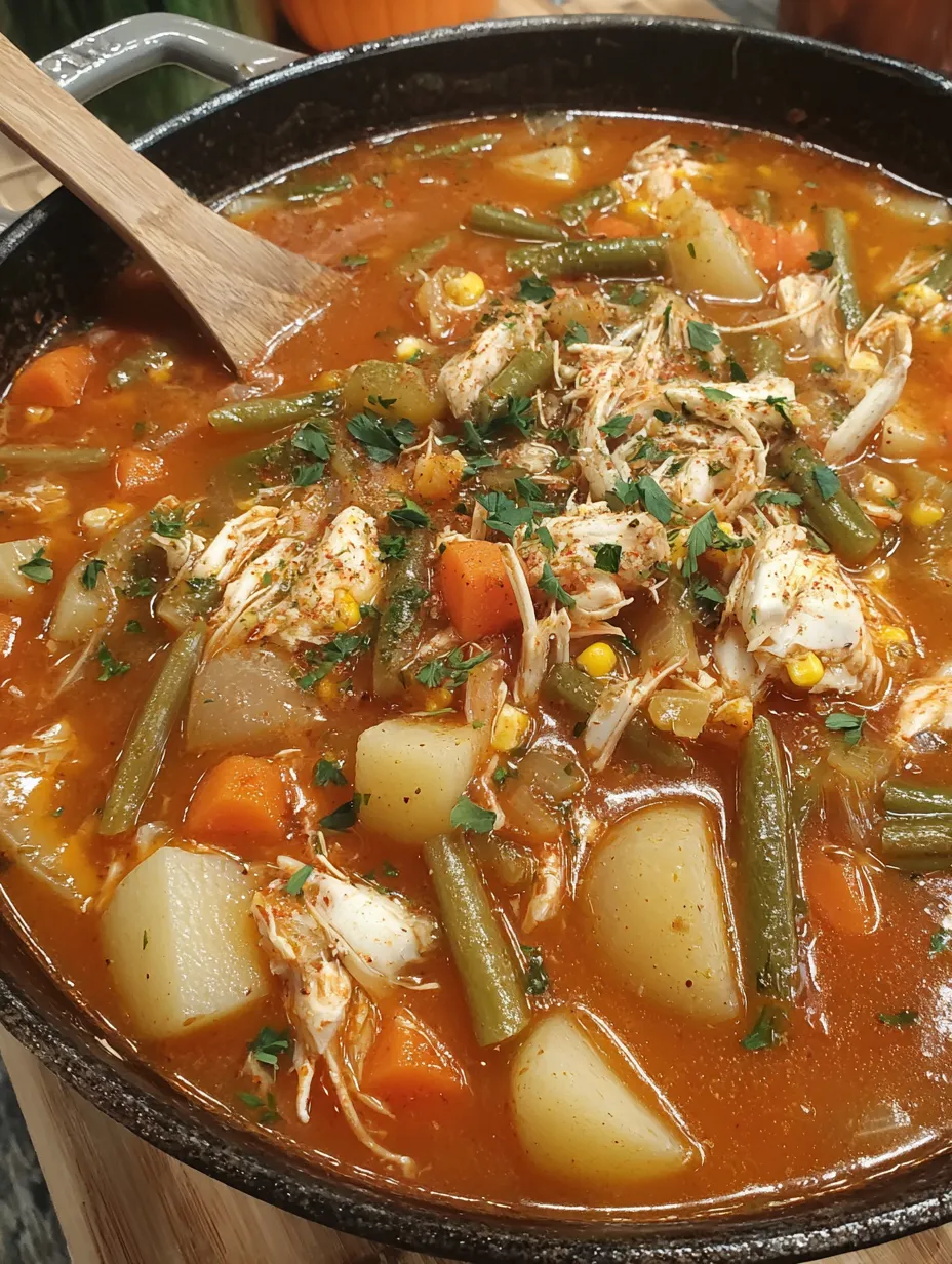 A bowl of Maryland Crab Soup with vegetables and meat.