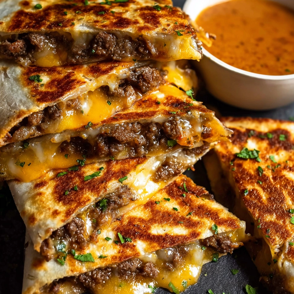 A stack of crispy, golden smashed steak-style tortilla melts with spicy dipping sauce.