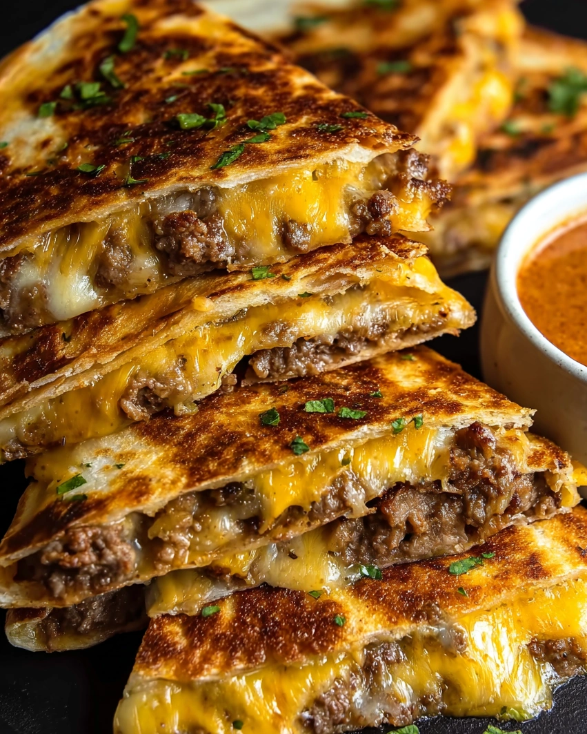 A stack of crispy, golden smashed steak-style tortilla melts with spicy dipping sauce.
