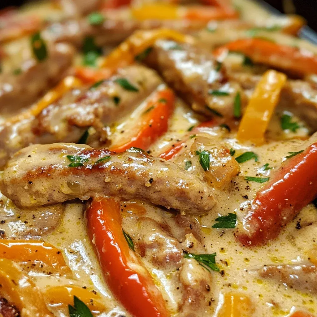 A dish of sausage and peppers with a creamy sauce.