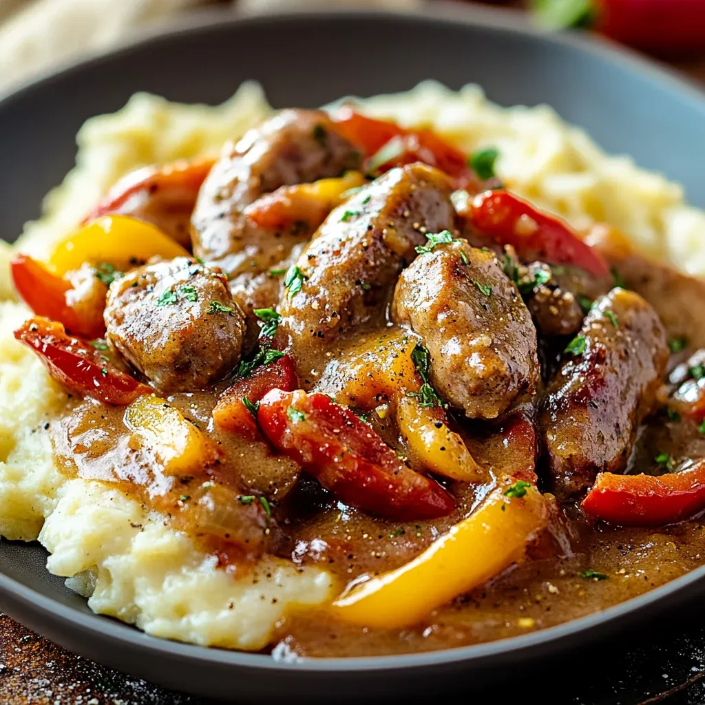 A bowl of sausage and peppers.