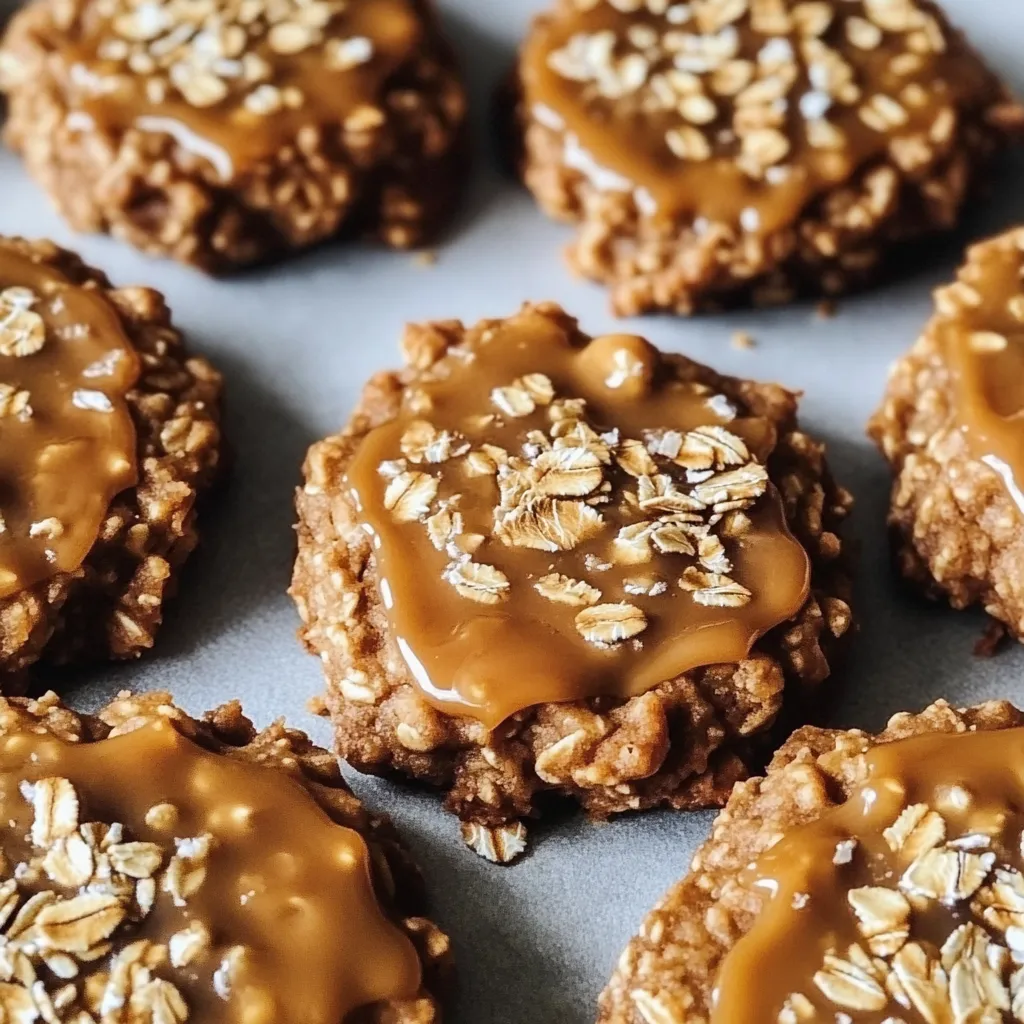 A tray of cookies with caramel sauce.