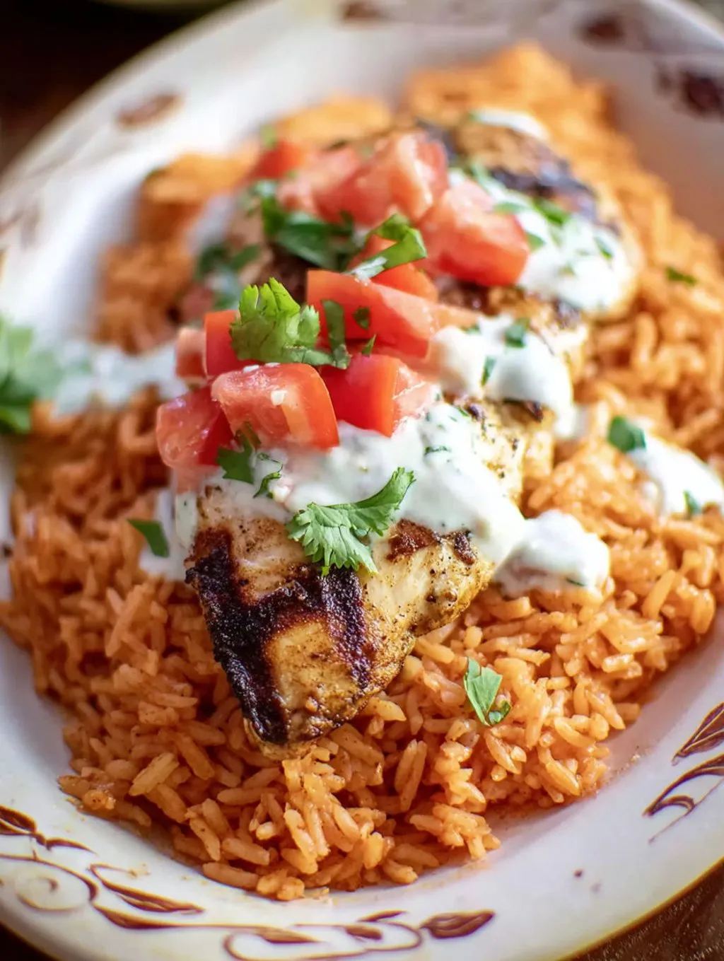 A plate of grilled chicken with rice and tomatoes.