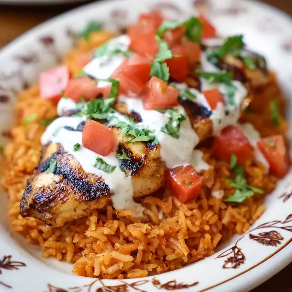 Grilled Pollo Loco Delight with rice and tomatoes.