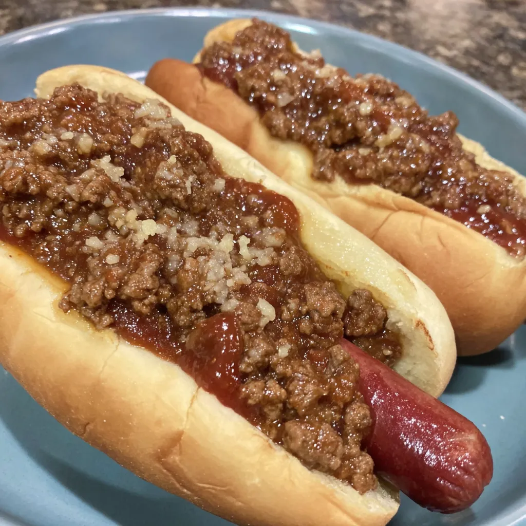 Two hot dogs with chili on a plate.