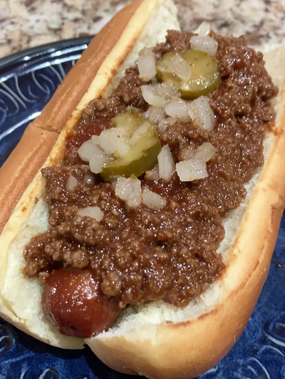 A hot dog with chili on it.