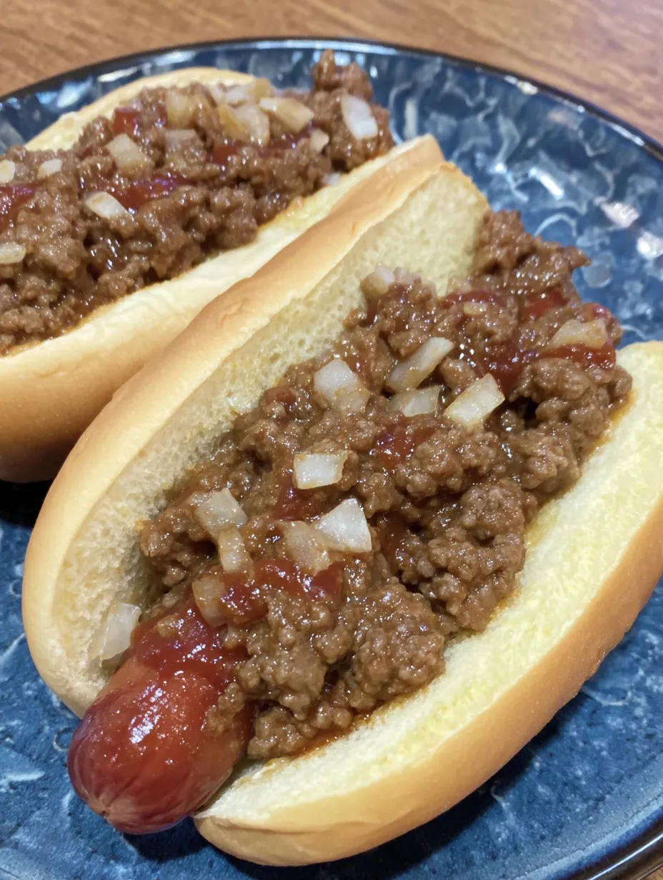 Two hot dogs with chili on a plate.