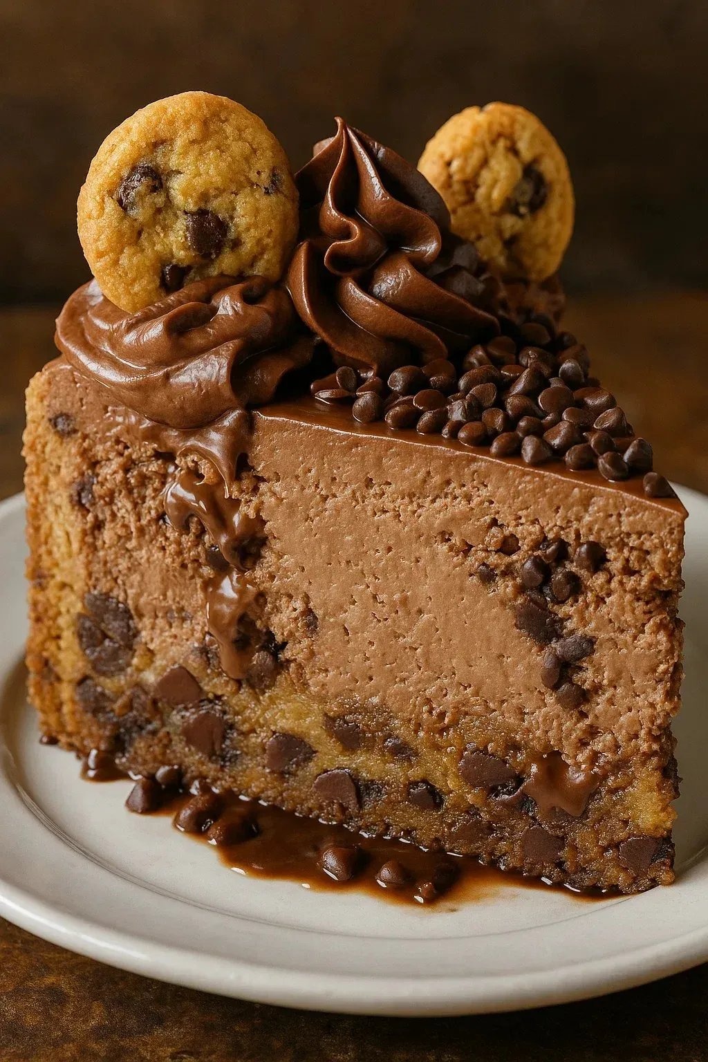 A slice of chocolate chip cookie cheesecake.