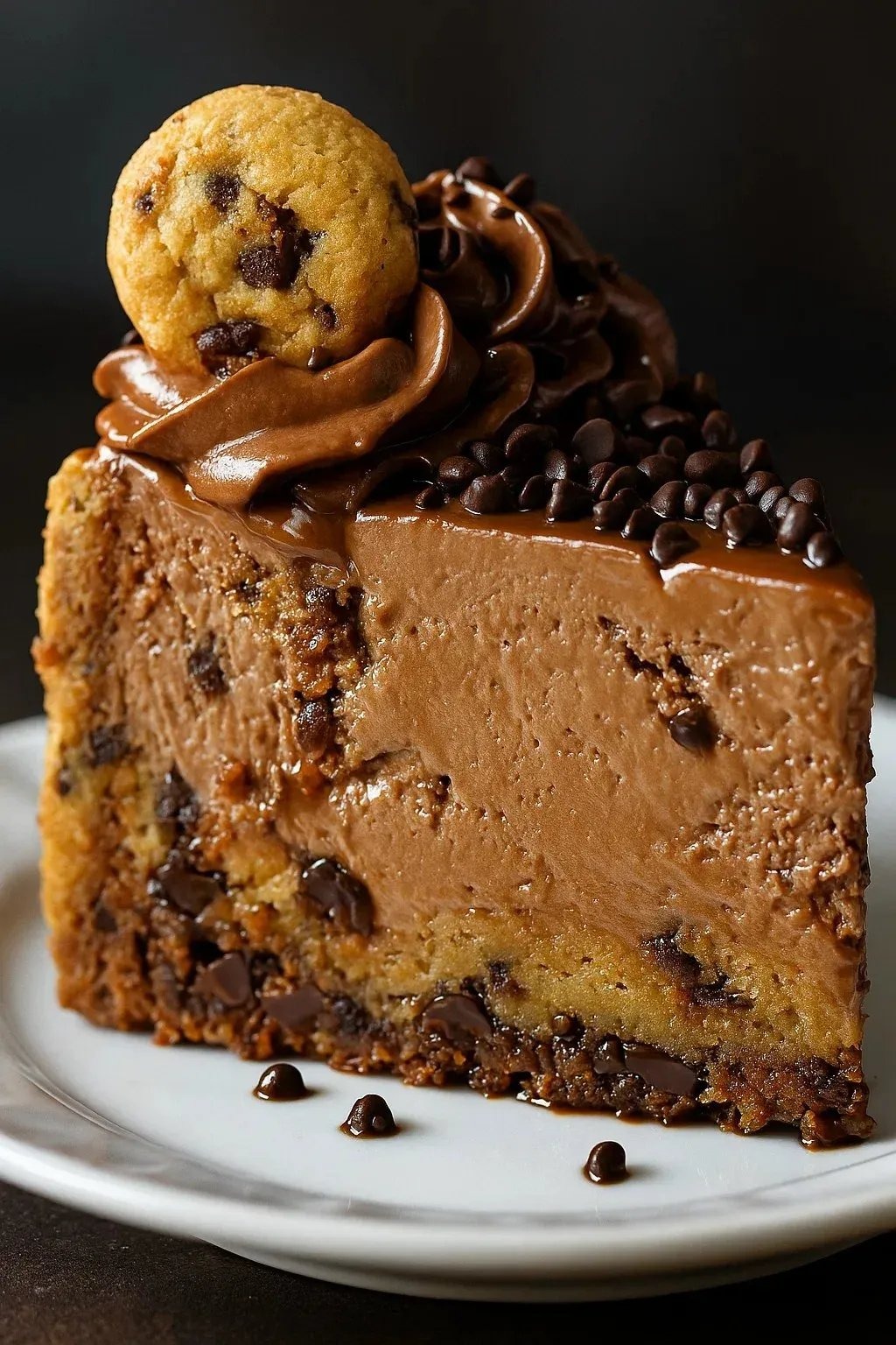 A slice of chocolate chip cookie cheesecake.