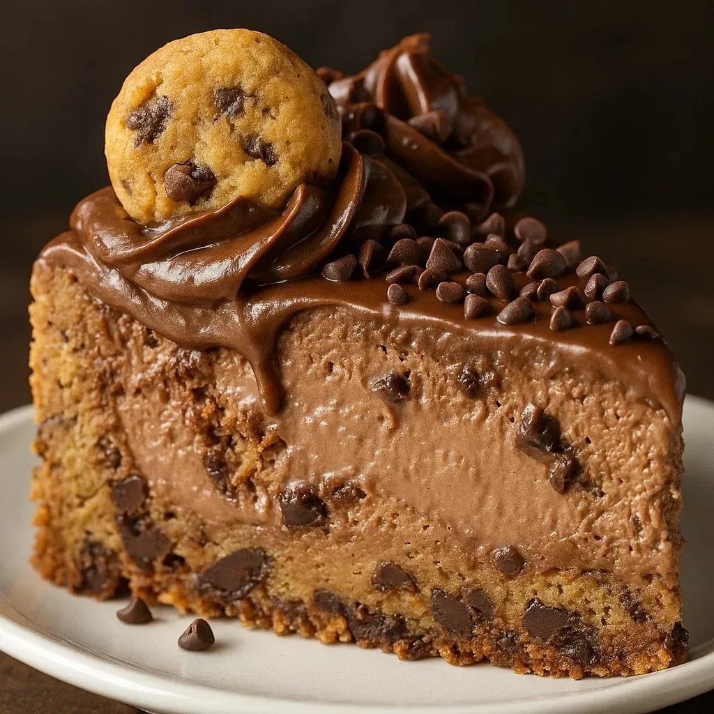 A slice of chocolate chip cookie cheesecake.
