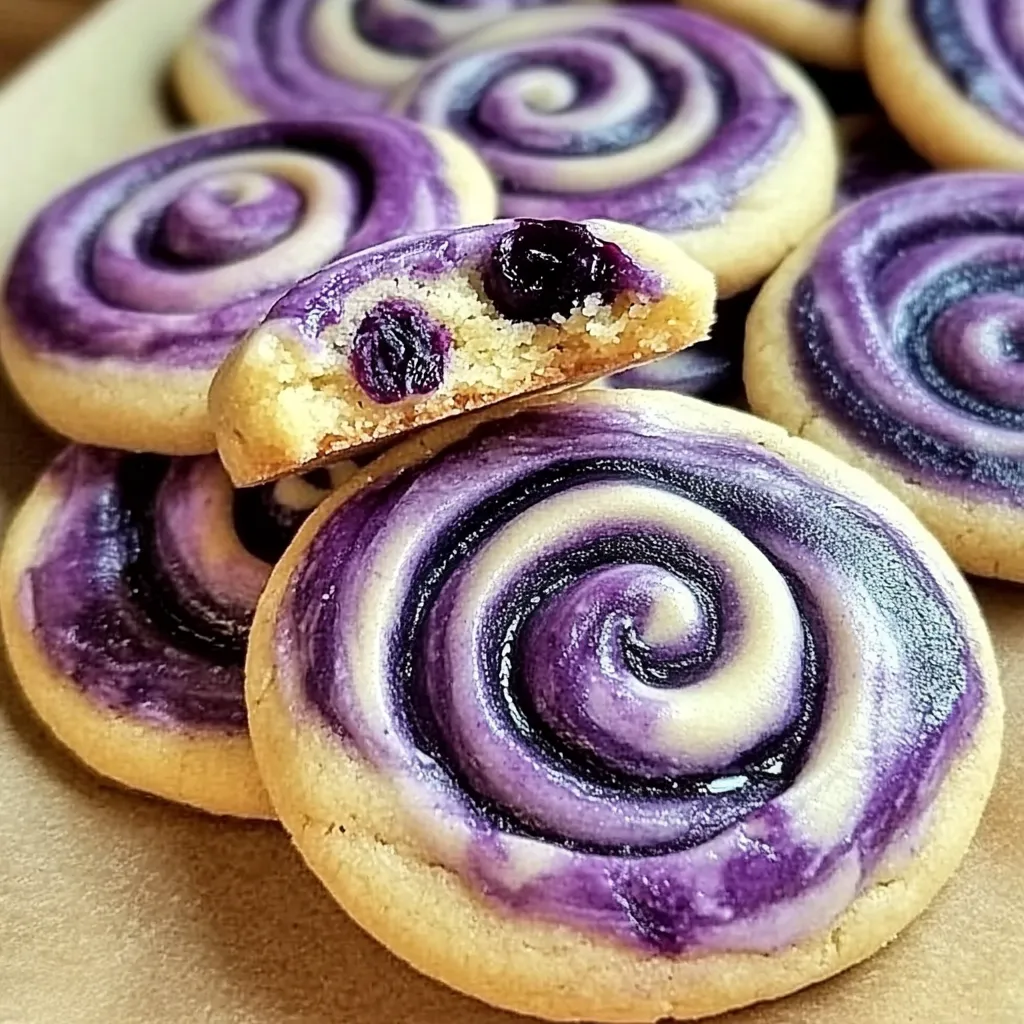 A purple swirl cookie with a bite taken out of it.
