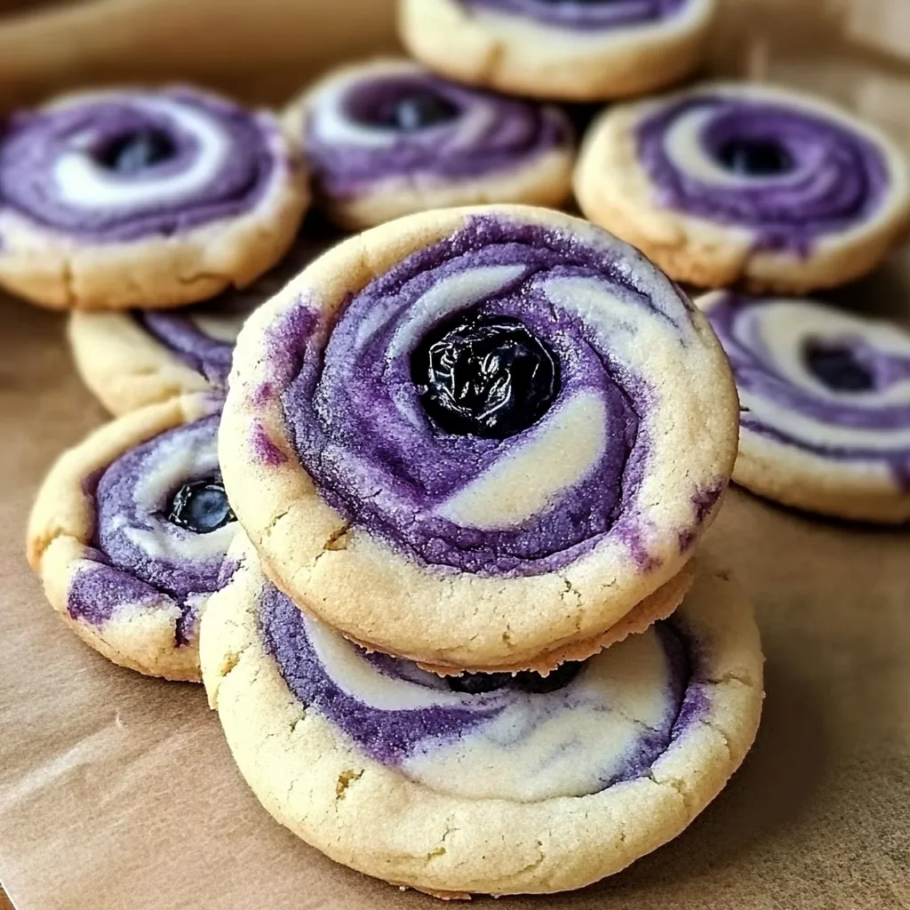 A stack of purple cookies with blueberry centers.