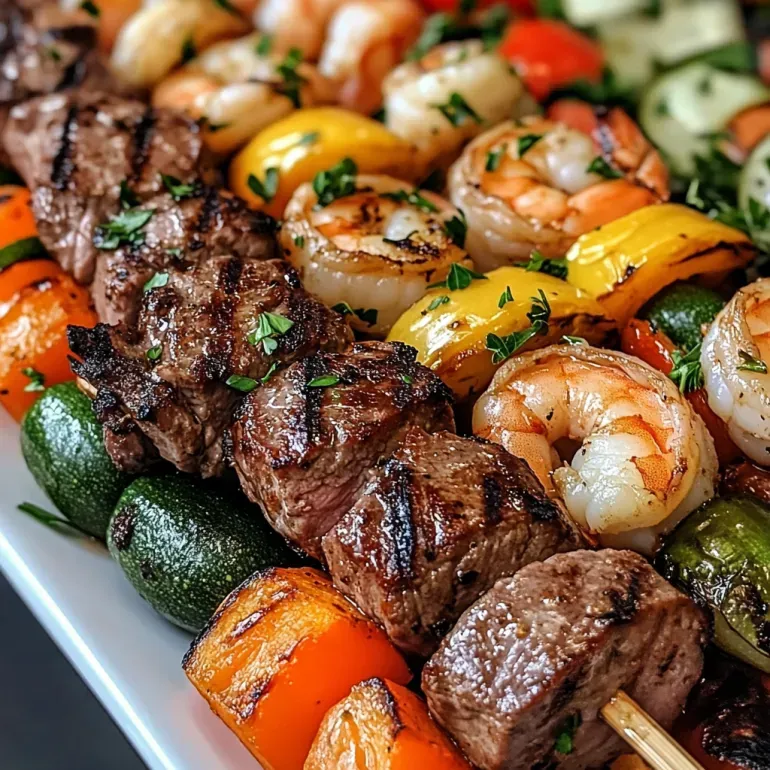 Grilled steak and shrimp kabobs.