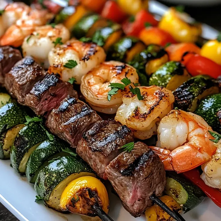 Grilled steak and shrimp kabobs.