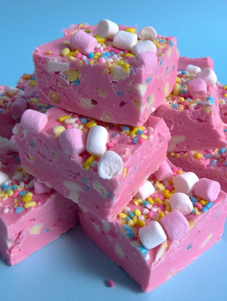 A stack of pink cake with marshmallows on top.