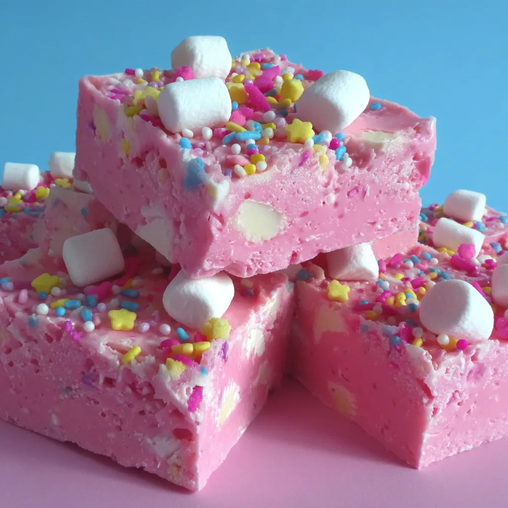 Pink cake with white marshmallows and sprinkles.