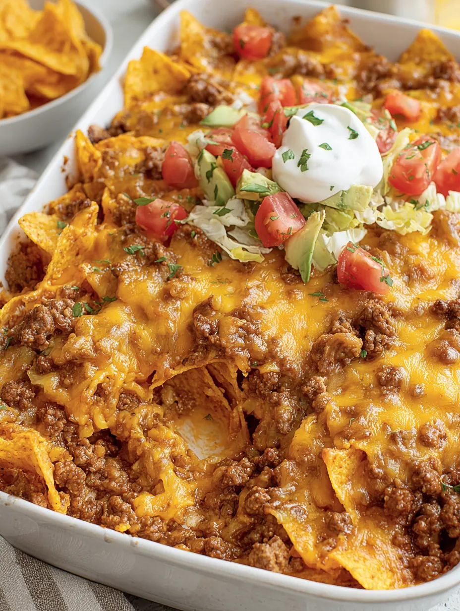 A dish of taco doritos casserole.