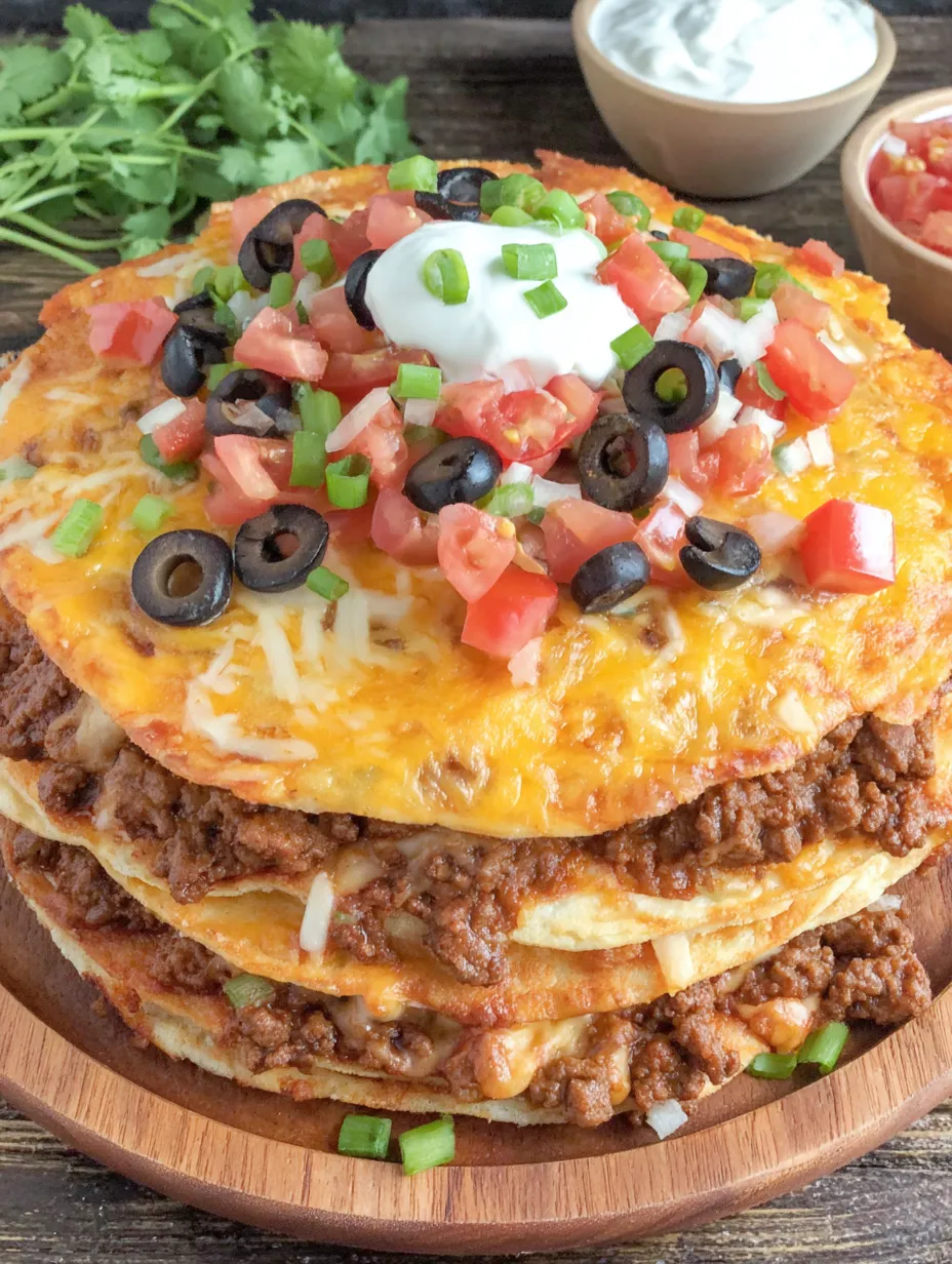 A stack of Mexican pizzas with olives and tomatoes.
