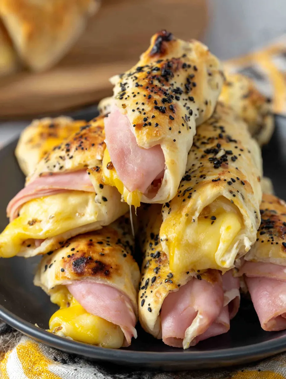 A plate of air fryer ham and cheese sticks.