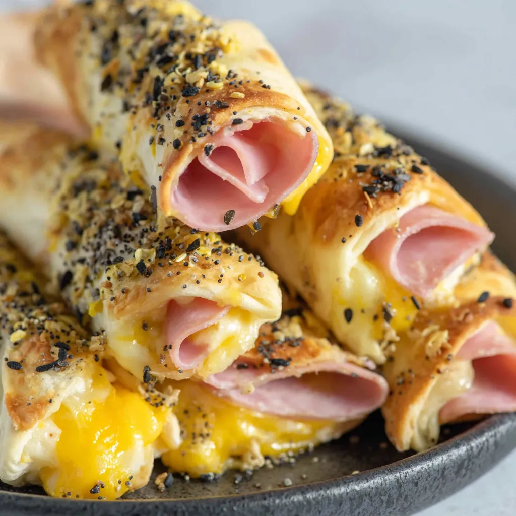A plate of ham and cheese sticks.