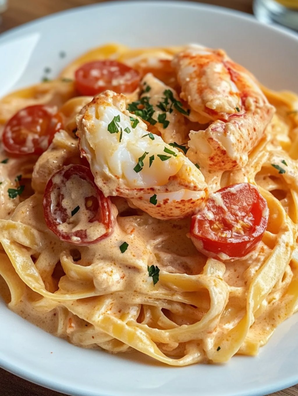 A dish of creamy tomato lobster pasta.