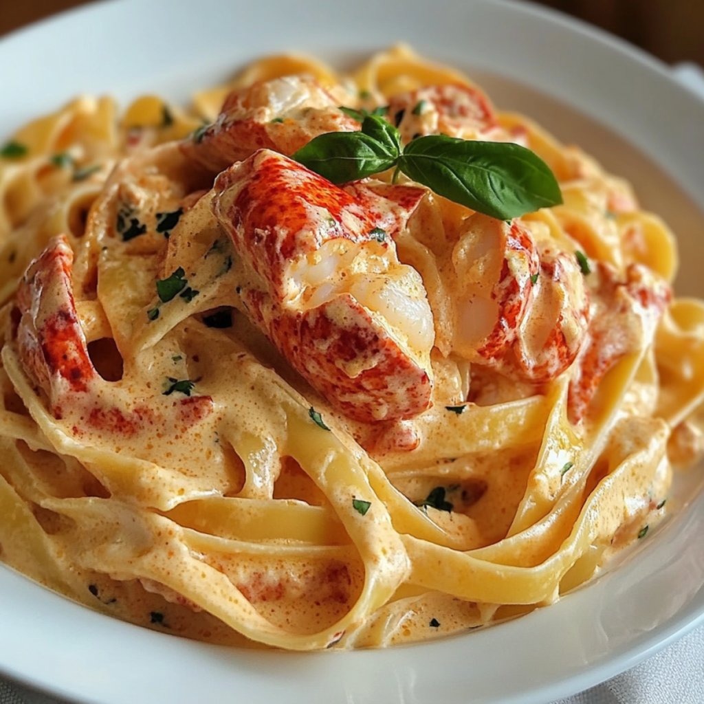 A bowl of creamy tomato lobster pasta.